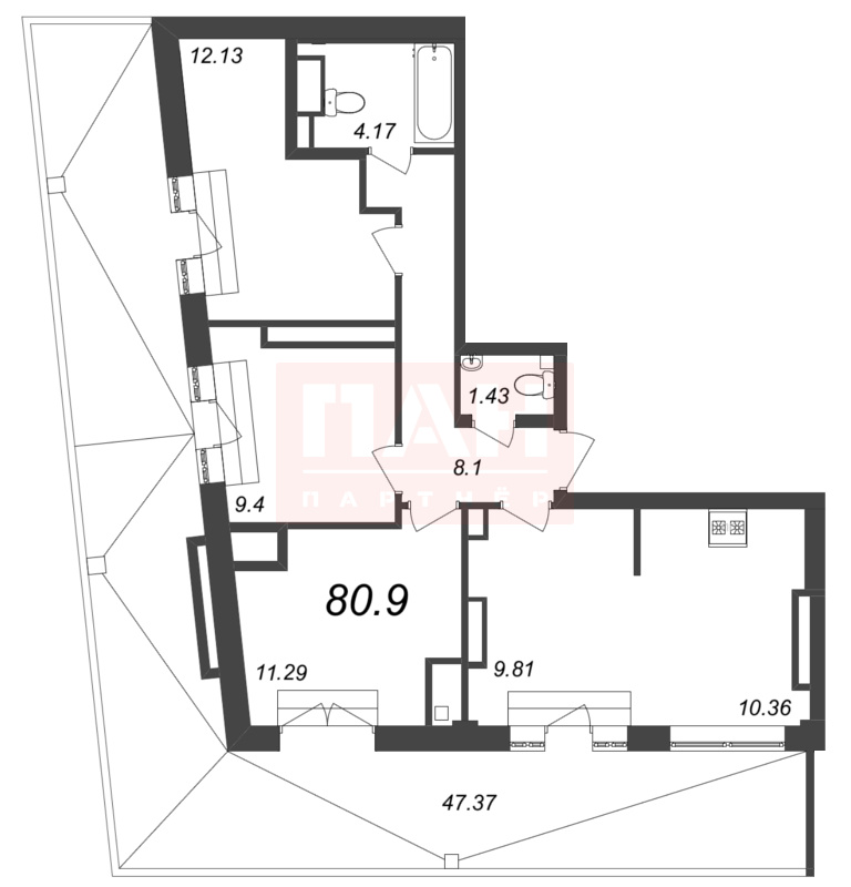 4-комнатная квартира №206 в Neva Residence 3-й корпус: 80.9 м², этаж 8 - купить в Санкт-Петербурге