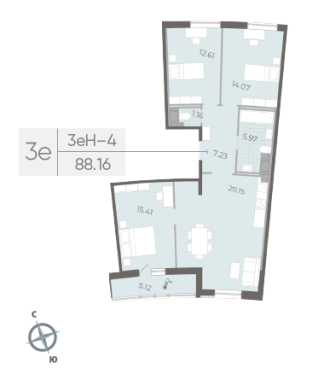 3-комнатная квартира №151 в Морская набережная.SeaView II очередь 2-й корпус: 88.16 м², этаж 14 - купить в Санкт-Петербурге