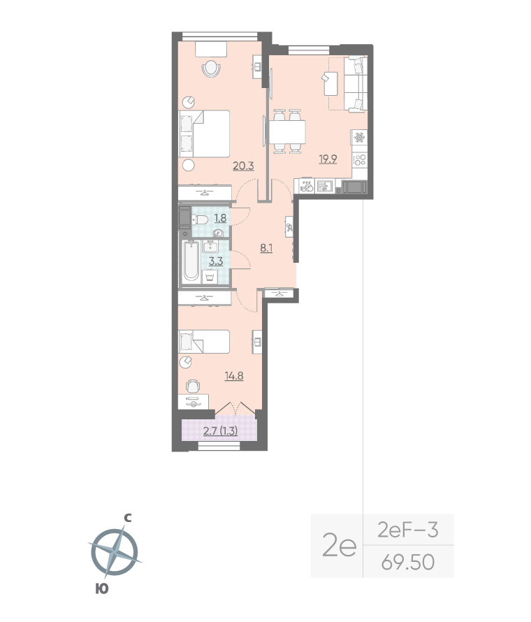 2-комнатная квартира №408 в Цивилизация на Неве 4-й корпус: 69.5 м², этаж 11 - купить в Санкт-Петербурге