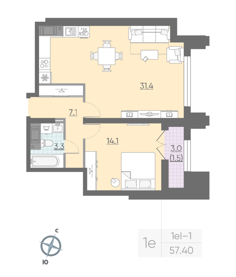 1-комнатная квартира №595 в Цивилизация на Неве 4-й корпус: 57.4 м², этаж 23 - купить в Санкт-Петербурге