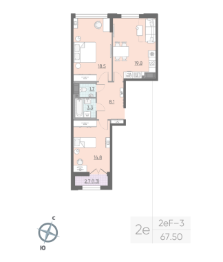 2-комнатная квартира №424 в Цивилизация на Неве 4-й корпус: 67.5 м², этаж 15 - купить в Санкт-Петербурге