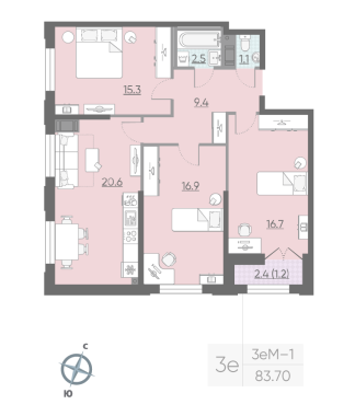 3-комнатная квартира №1109 в Цивилизация на Неве 4-й корпус: 83.7 м², этаж 12 - купить в Санкт-Петербурге