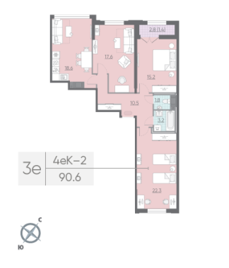 3-комнатная квартира №419 в Цивилизация на Неве 4-й корпус: 90.6 м², этаж 13 - купить в Санкт-Петербурге