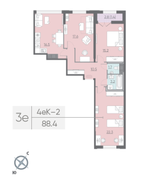 3-комнатная квартира №423 в Цивилизация на Неве 4-й корпус: 88.4 м², этаж 14 - купить в Санкт-Петербурге