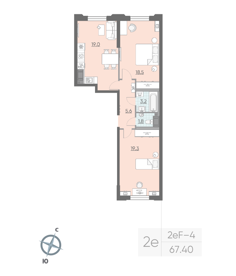 2-комнатная квартира №249 в Цивилизация на Неве 4-й корпус: 67.4 м², этаж 5 - купить в Санкт-Петербурге