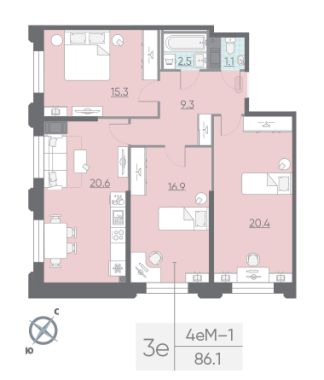 3-комнатная квартира №1061 в Цивилизация на Неве 4-й корпус: 86.1 м², этаж 3 - купить в Санкт-Петербурге