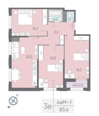 3-комнатная квартира №1139 в Цивилизация на Неве 4-й корпус: 83.6 м², этаж 18 - купить в Санкт-Петербурге