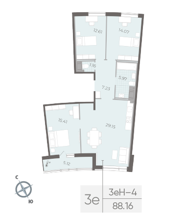 3-комнатная квартира №151 в Морская набережная.SeaView II очередь 4-й корпус: 88.16 м², этаж 14 - купить в Санкт-Петербурге
